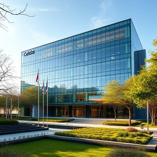 Edificio corporativo de CeldaVision en Madrid, con una arquitectura moderna y jardines