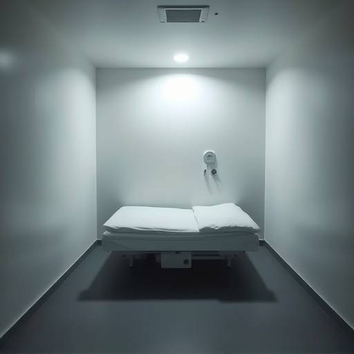 Interior de una celda de aislamiento, con una cama sencilla y paredes lisas